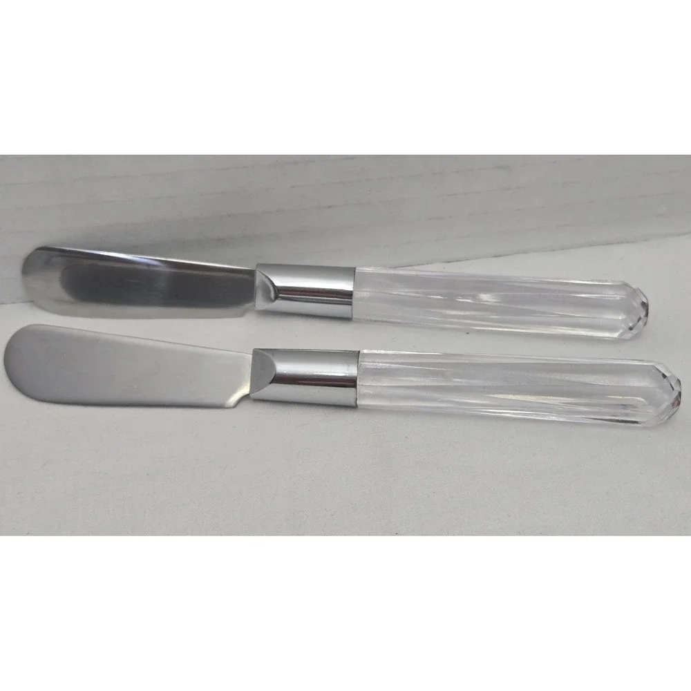 2 Vtg Stanley Roberts City Lights Butter Cheese Spreaders Clear Faceted Lucite